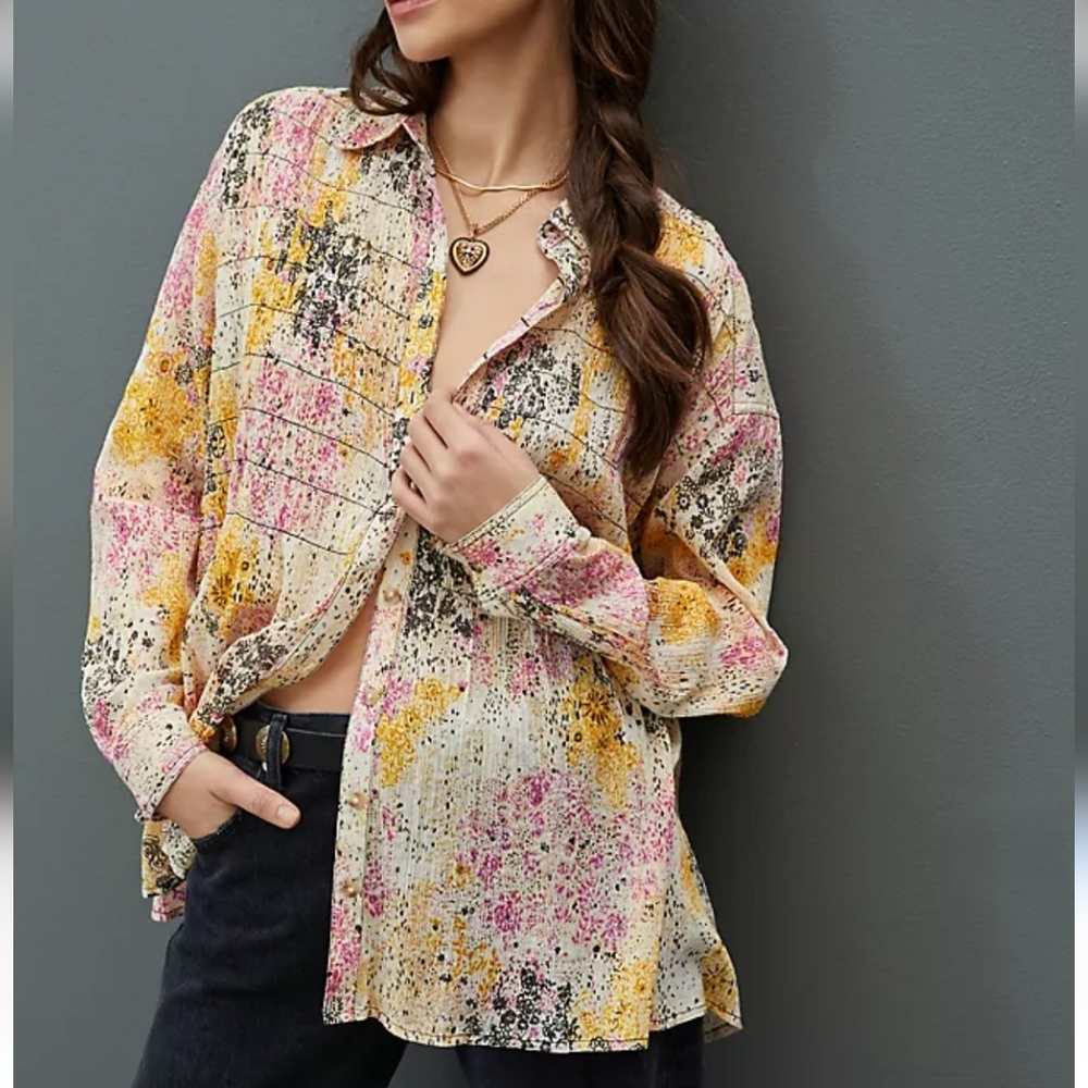 Pilcro Anthropologie Smocked Button Down Shirt White Pink Black Large Petite